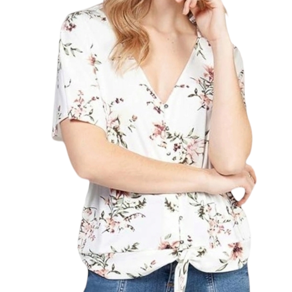 Dex women's short sleeve tie front top, sandalwood floral.